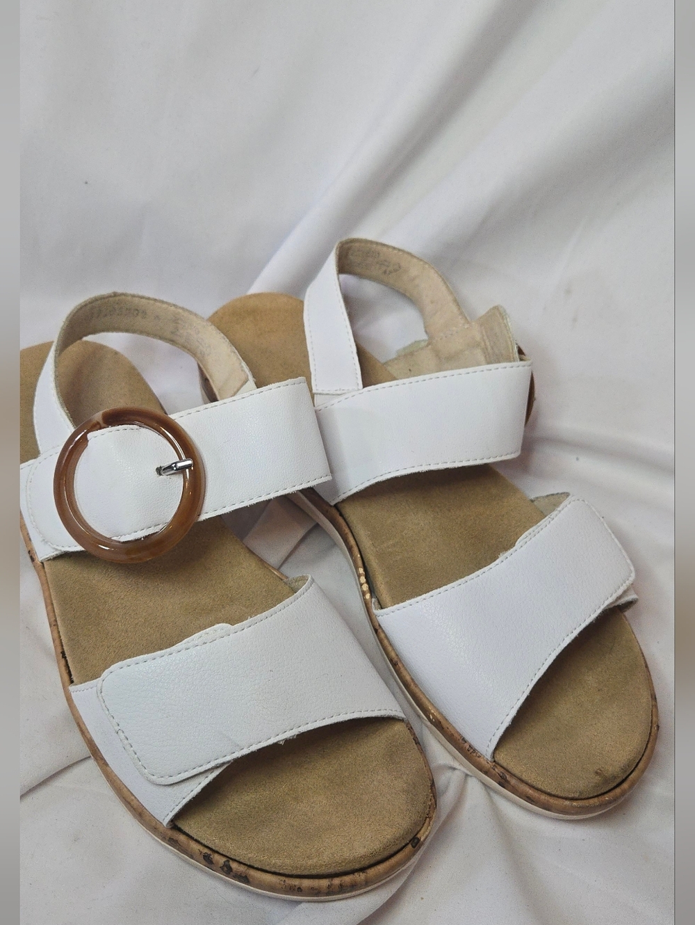 Remonte Jocelyn White Adjustable Sandals Cork Brown Accent Buckle Women's 40/9